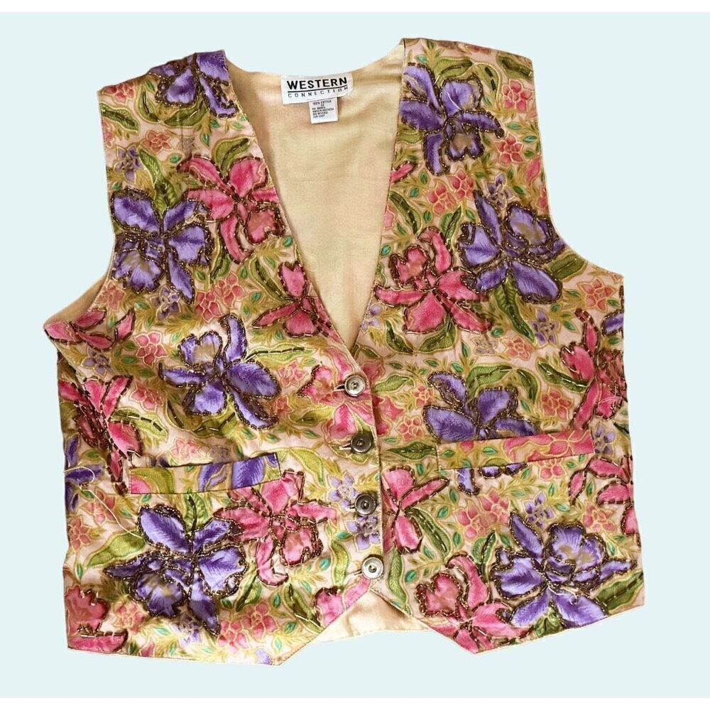Vintage WESTERN CONNECTION 90s 00s Floral Beaded Vest Top Shirt Sz S